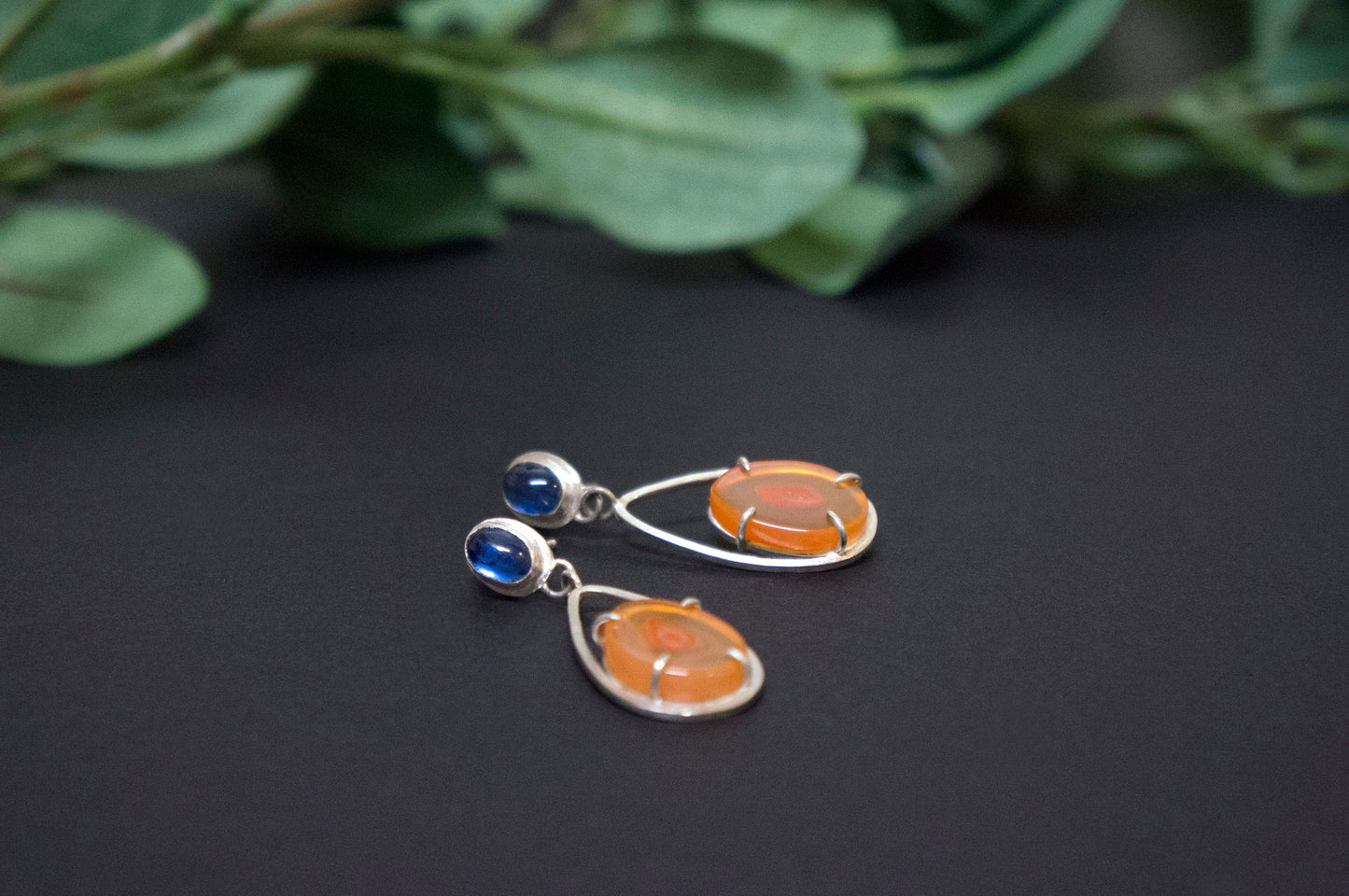 carnelian and blue kyanite drop earrings