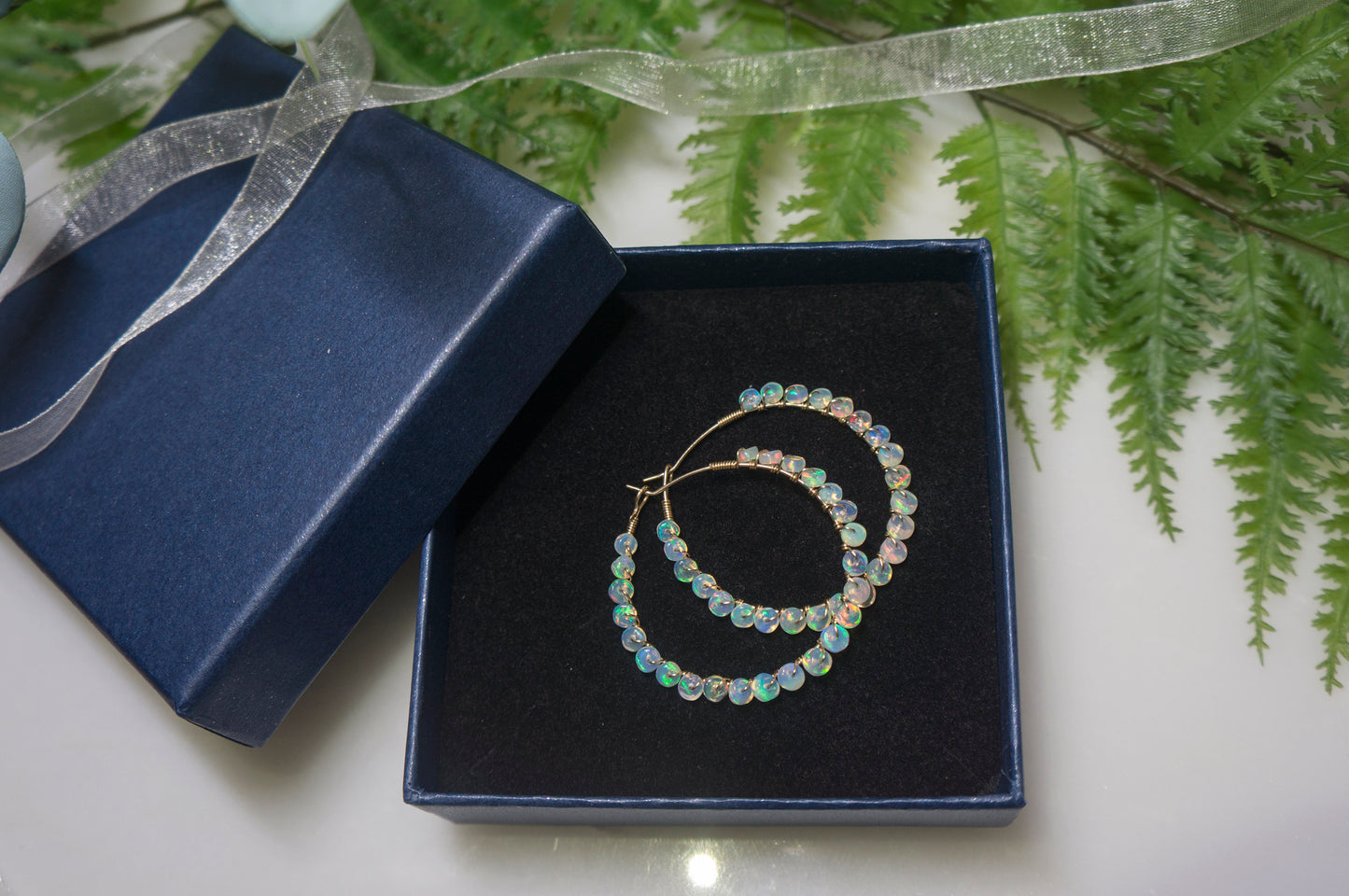 Ethiopian opal hoop earrings