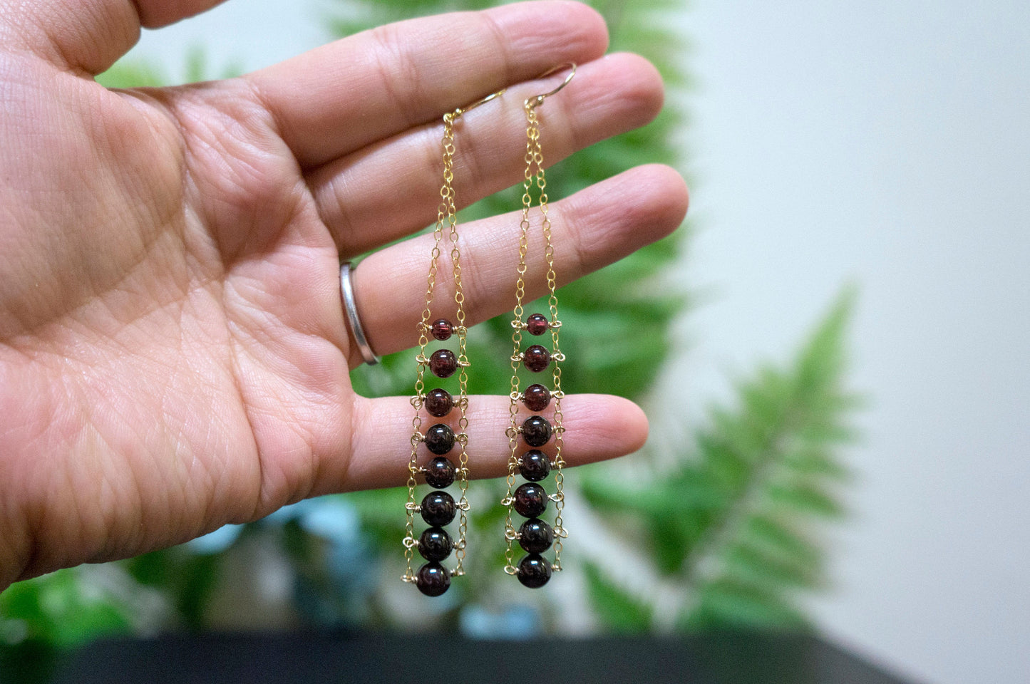 Garnet gold filled ladder earrings
