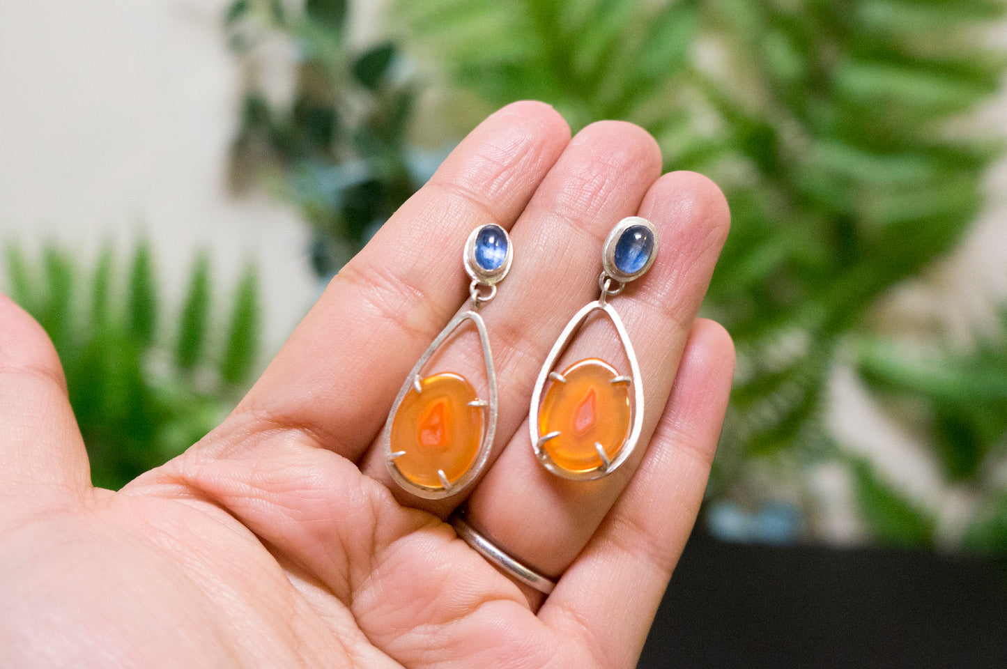 carnelian and blue kyanite drop earrings