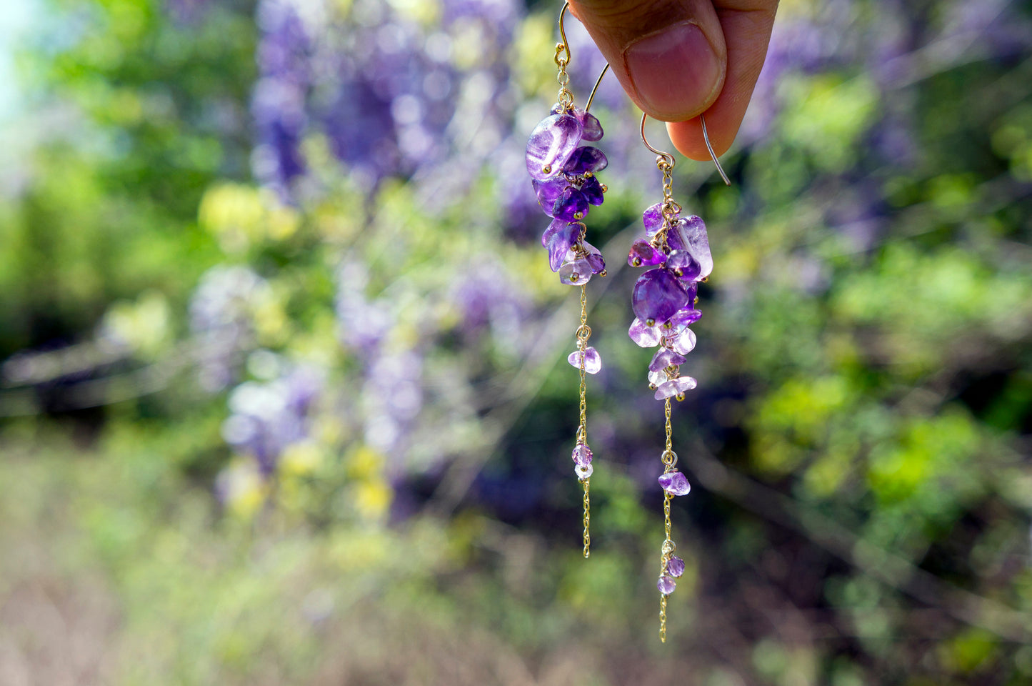Wisteria amethyst long cluster earrings