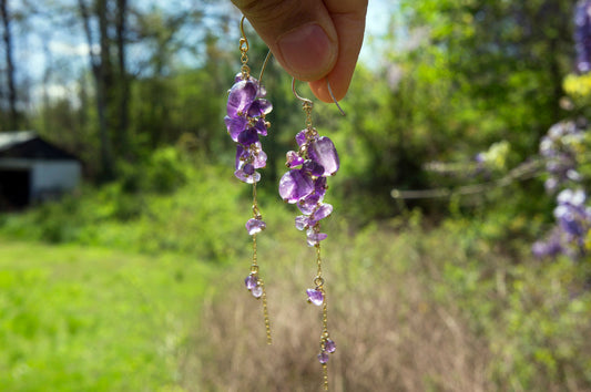 Wisteria amethyst long cluster earrings