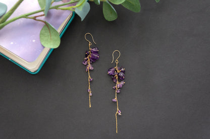 Wisteria amethyst long cluster earrings