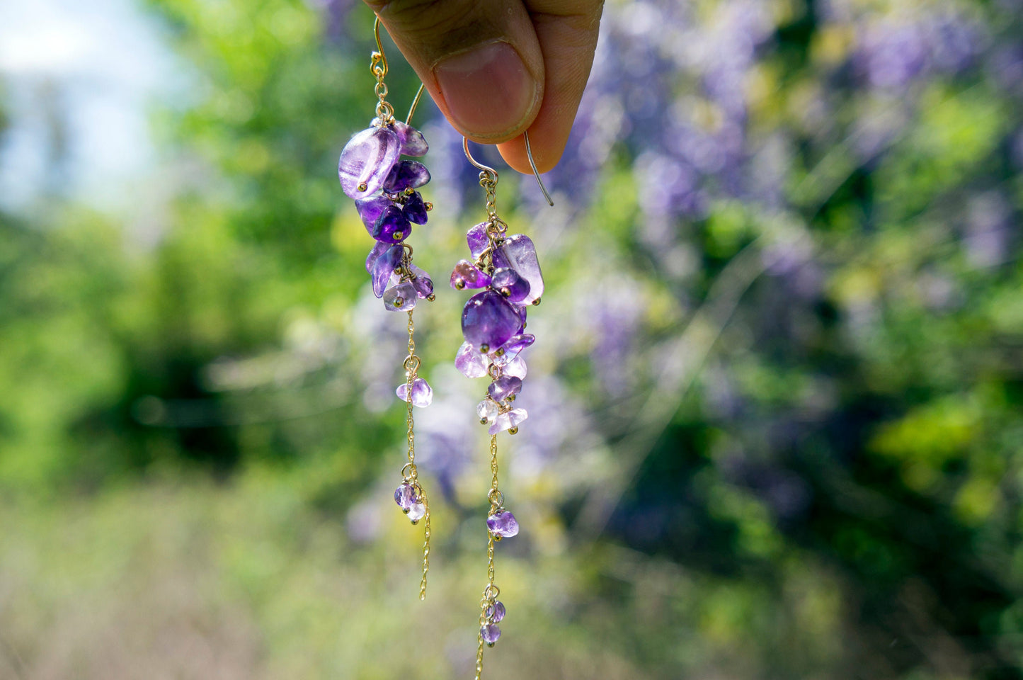 Wisteria amethyst long cluster earrings