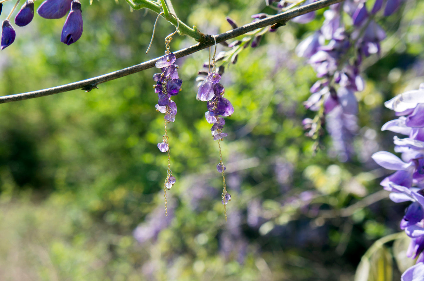 Wisteria amethyst long cluster earrings