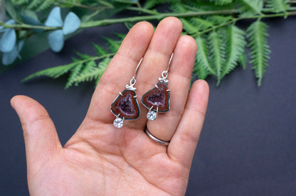 Geode and aquamarine bell flower dangle earrings