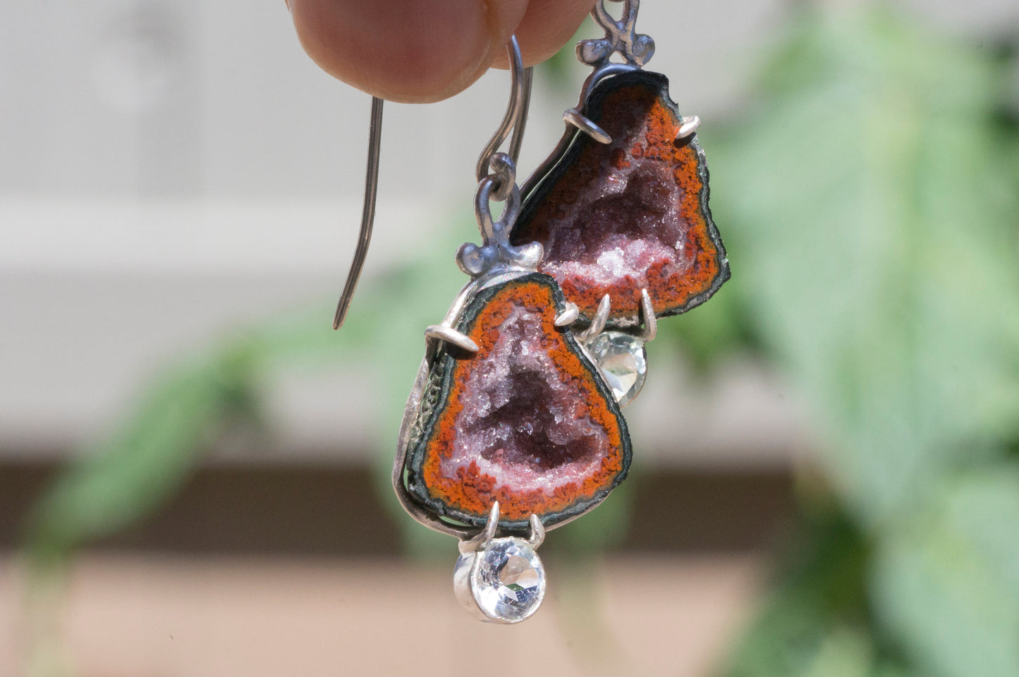 Geode and aquamarine bell flower dangle earrings