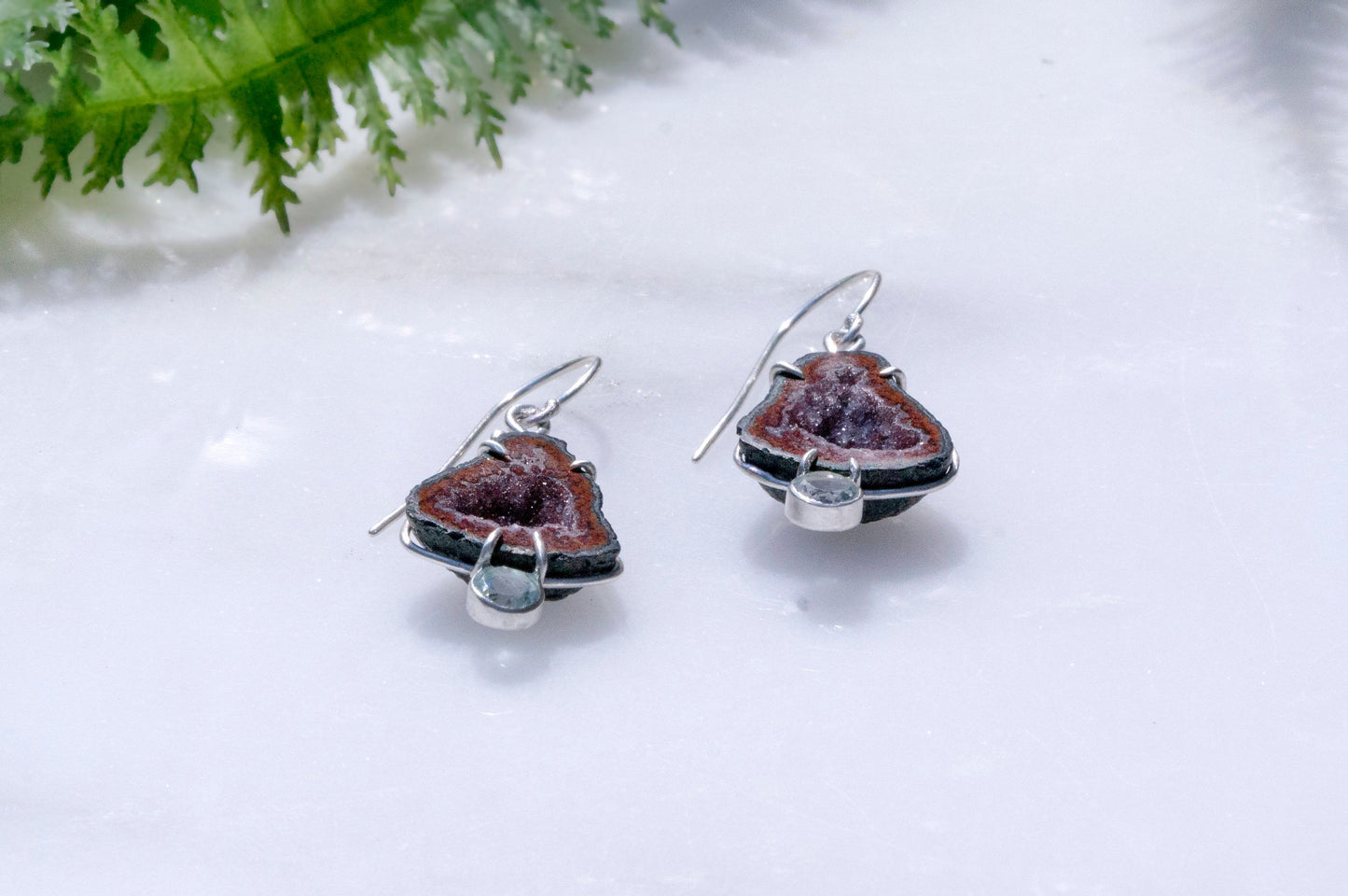 Geode and aquamarine bell flower dangle earrings