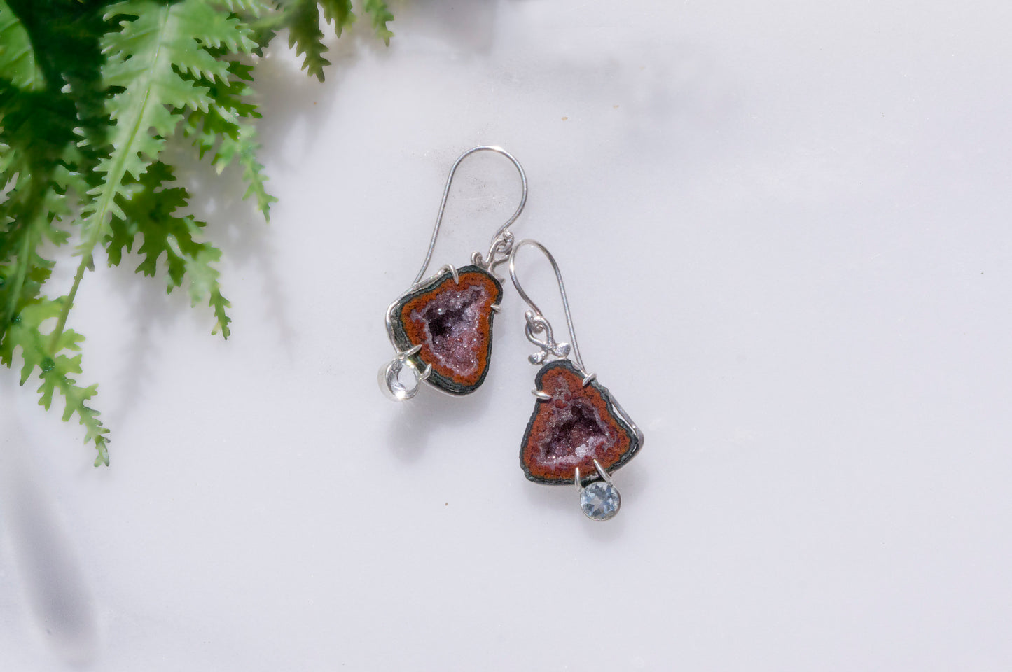 Geode and aquamarine bell flower dangle earrings