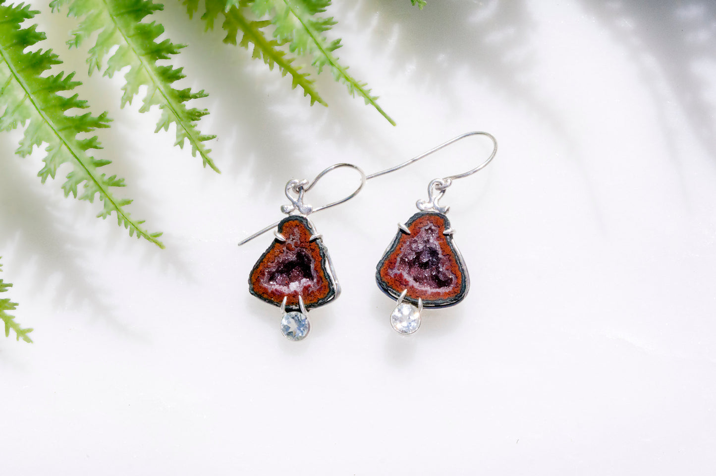 Geode and aquamarine bell flower dangle earrings