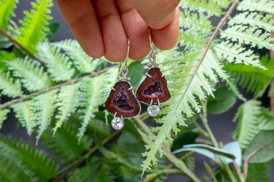 Geode and aquamarine bell flower dangle earrings