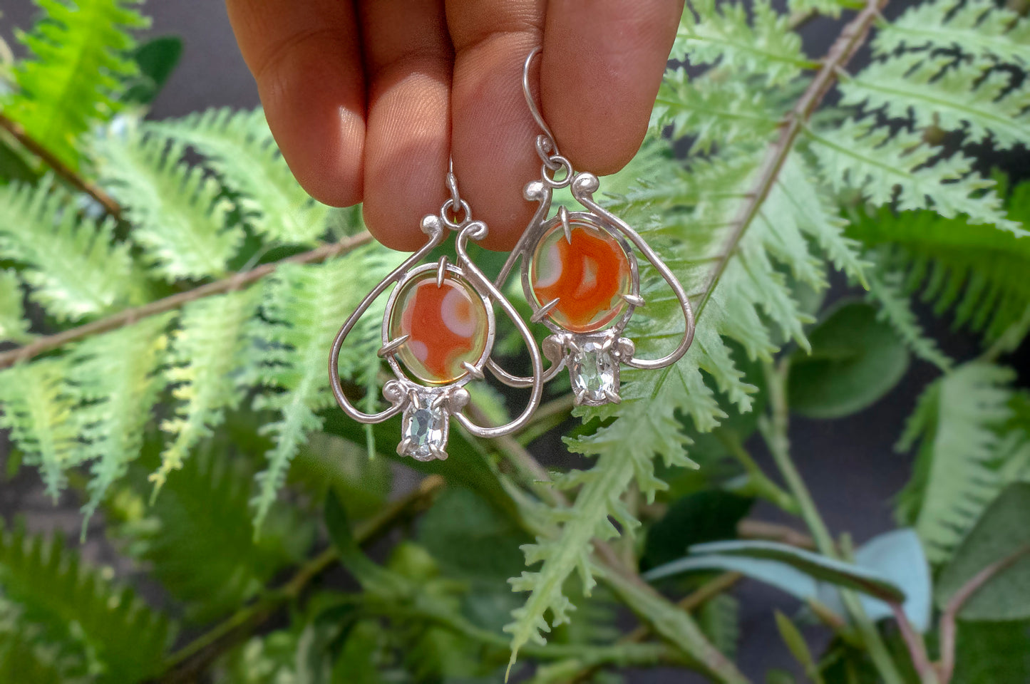 Carnelian and aquamarine bell flower dangle earrings