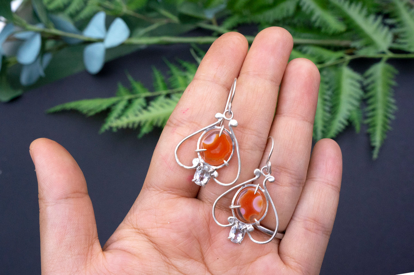 Carnelian and aquamarine bell flower dangle earrings
