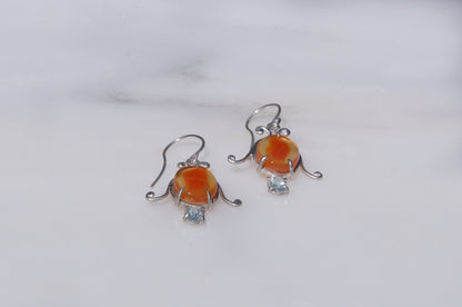 Carnelian and aquamarine bell flower dangle earrings