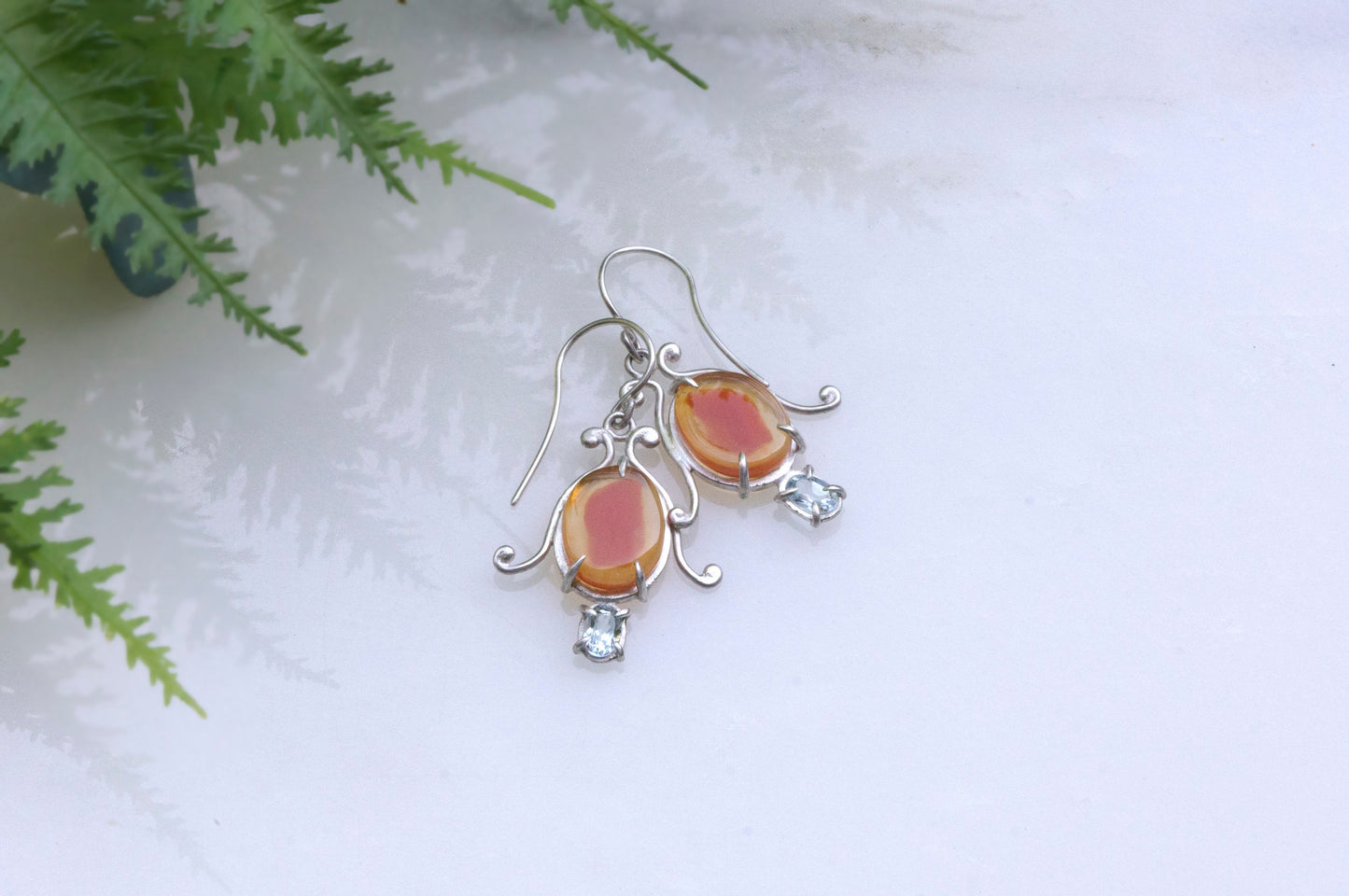 Carnelian and aquamarine bell flower dangle earrings