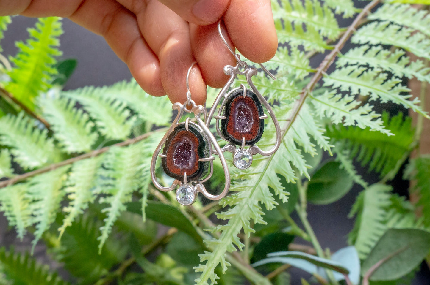 Geode and aquamarine bell flower dangle earrings