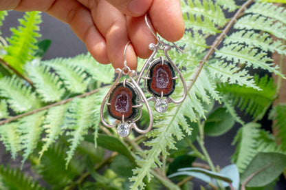 Geode and aquamarine bell flower dangle earrings