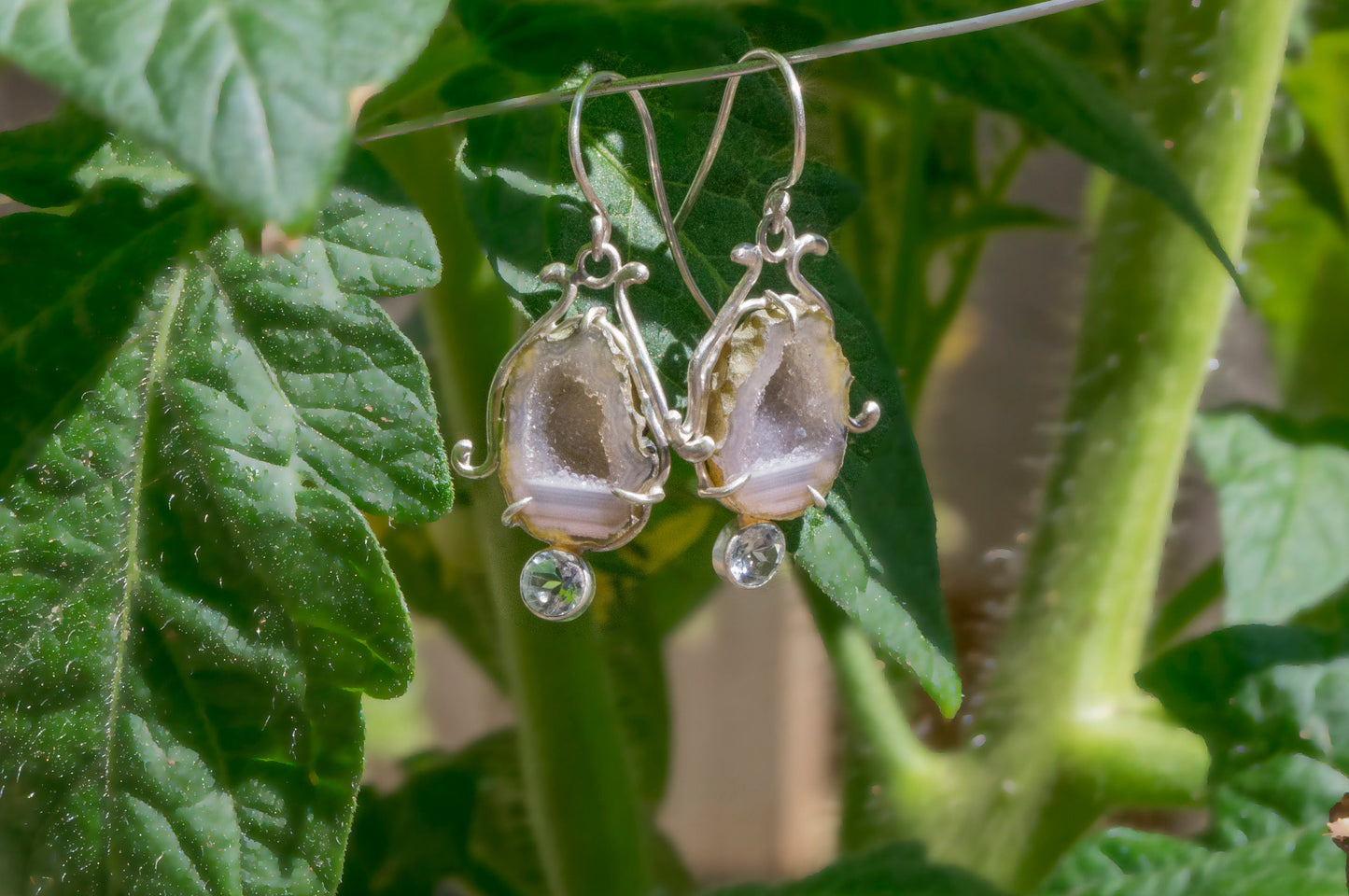 Geode and aquamarine bell flower dangle earrings