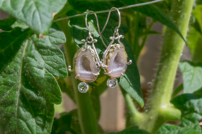 Geode and aquamarine bell flower dangle earrings