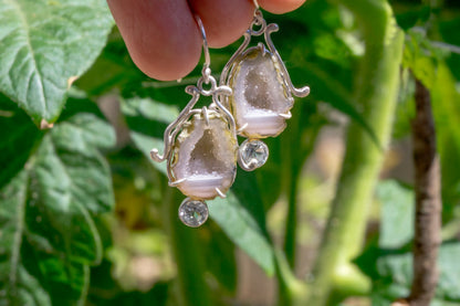 Geode and aquamarine bell flower dangle earrings
