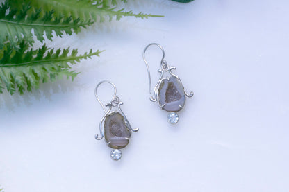 Geode and aquamarine bell flower dangle earrings