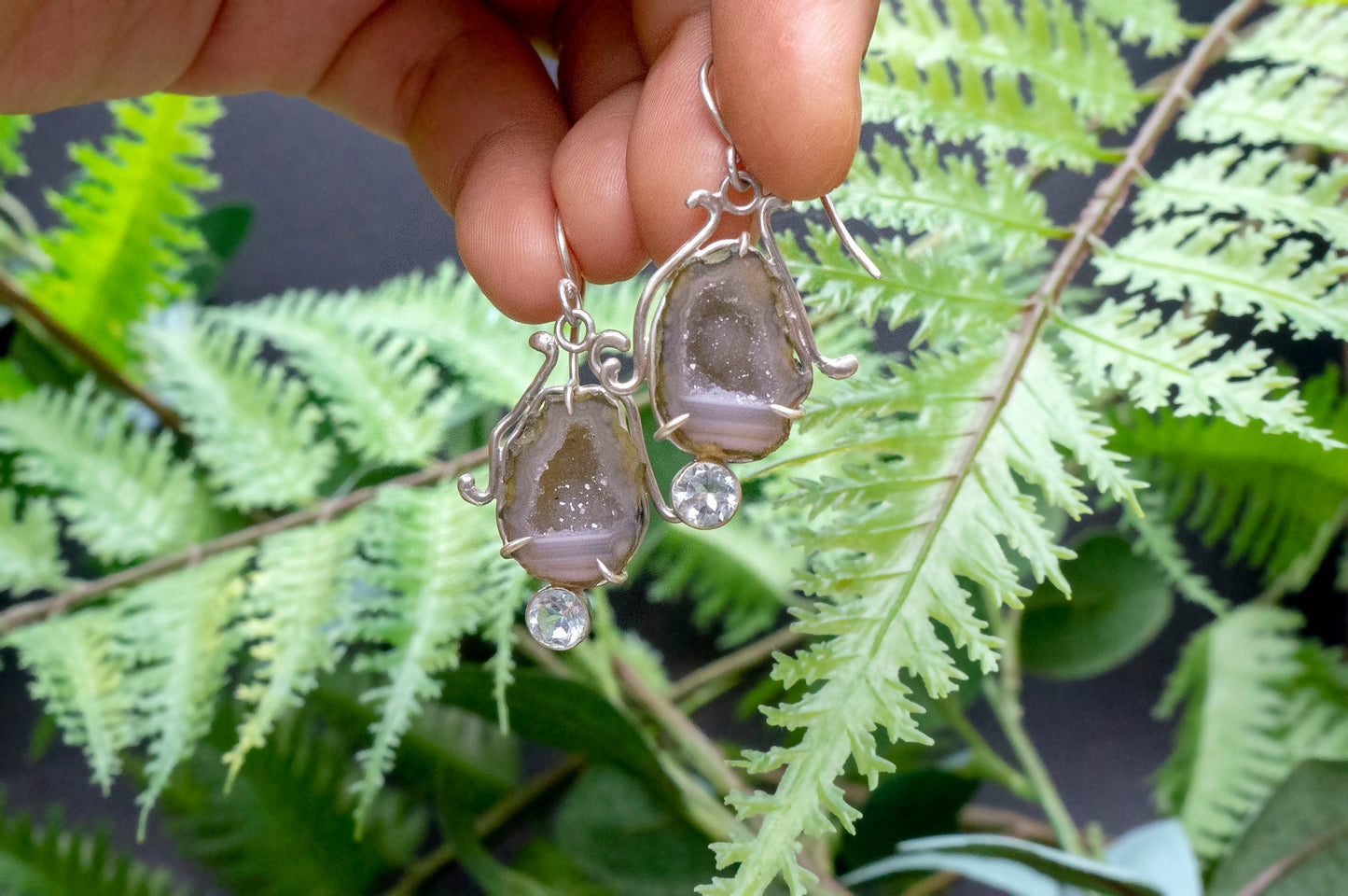 Geode and aquamarine bell flower dangle earrings