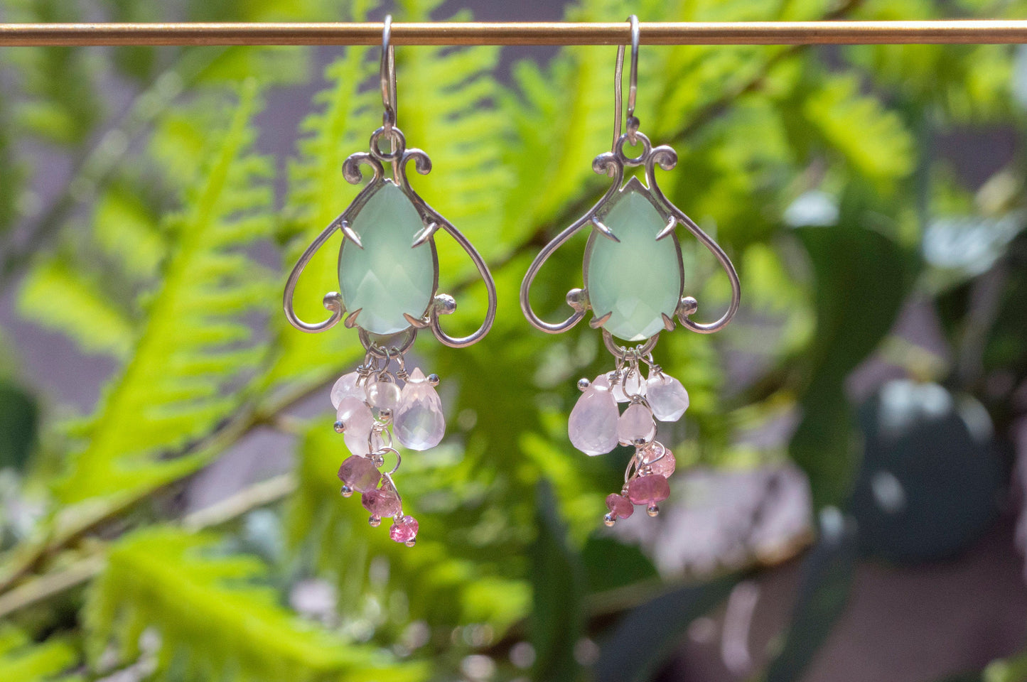 Prehnite chalcedony bell flower dangle earrings