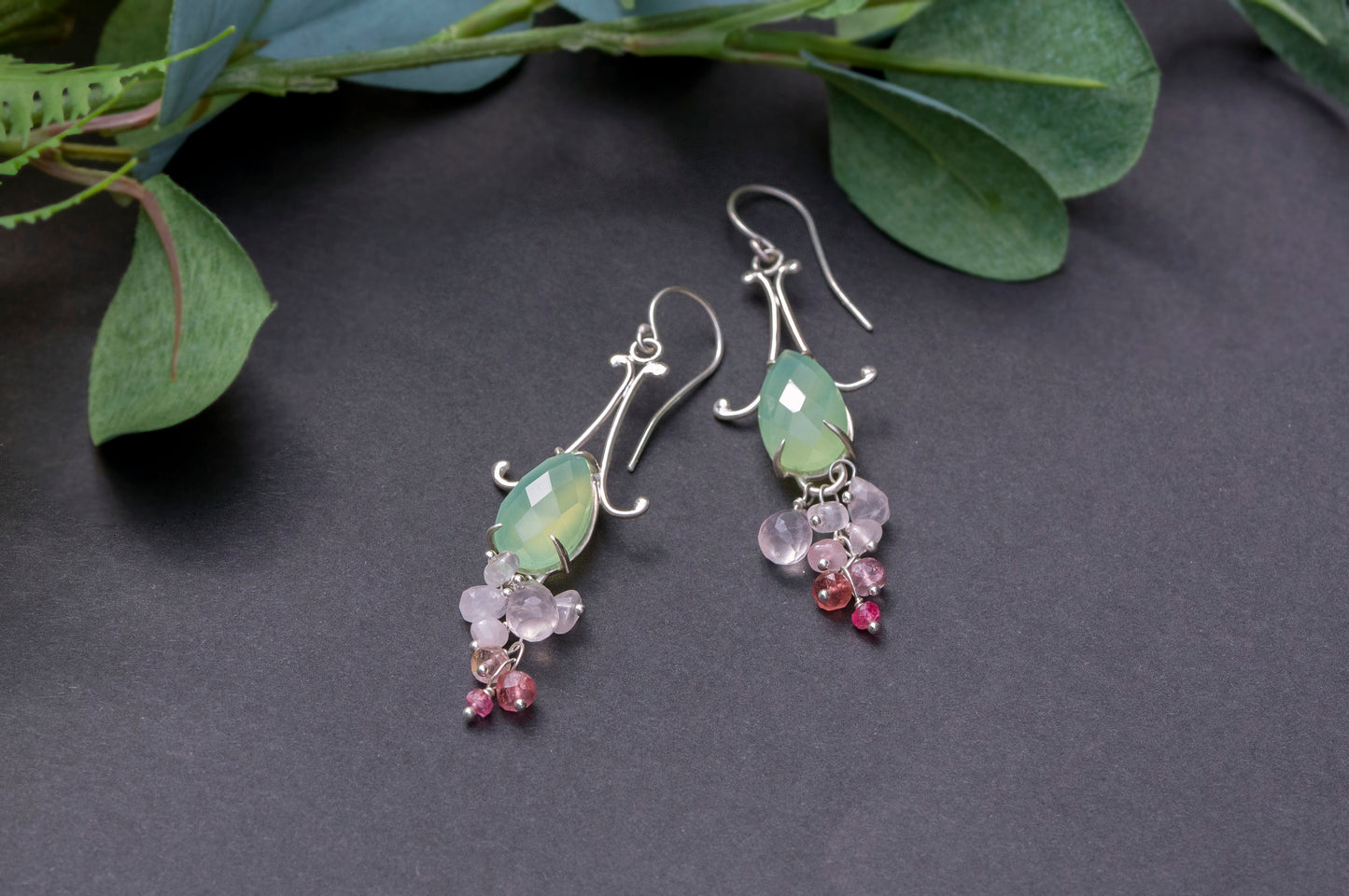 Prehnite chalcedony bell flower dangle earrings