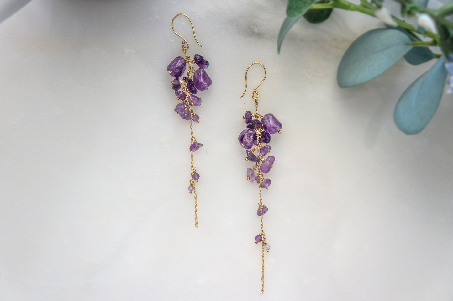 Wisteria amethyst long cluster earrings