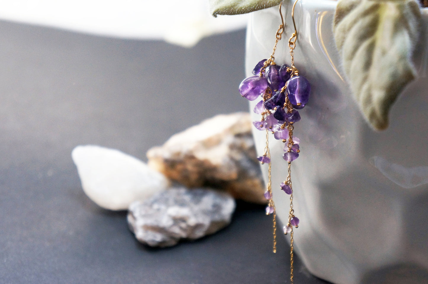 Wisteria amethyst long cluster earrings