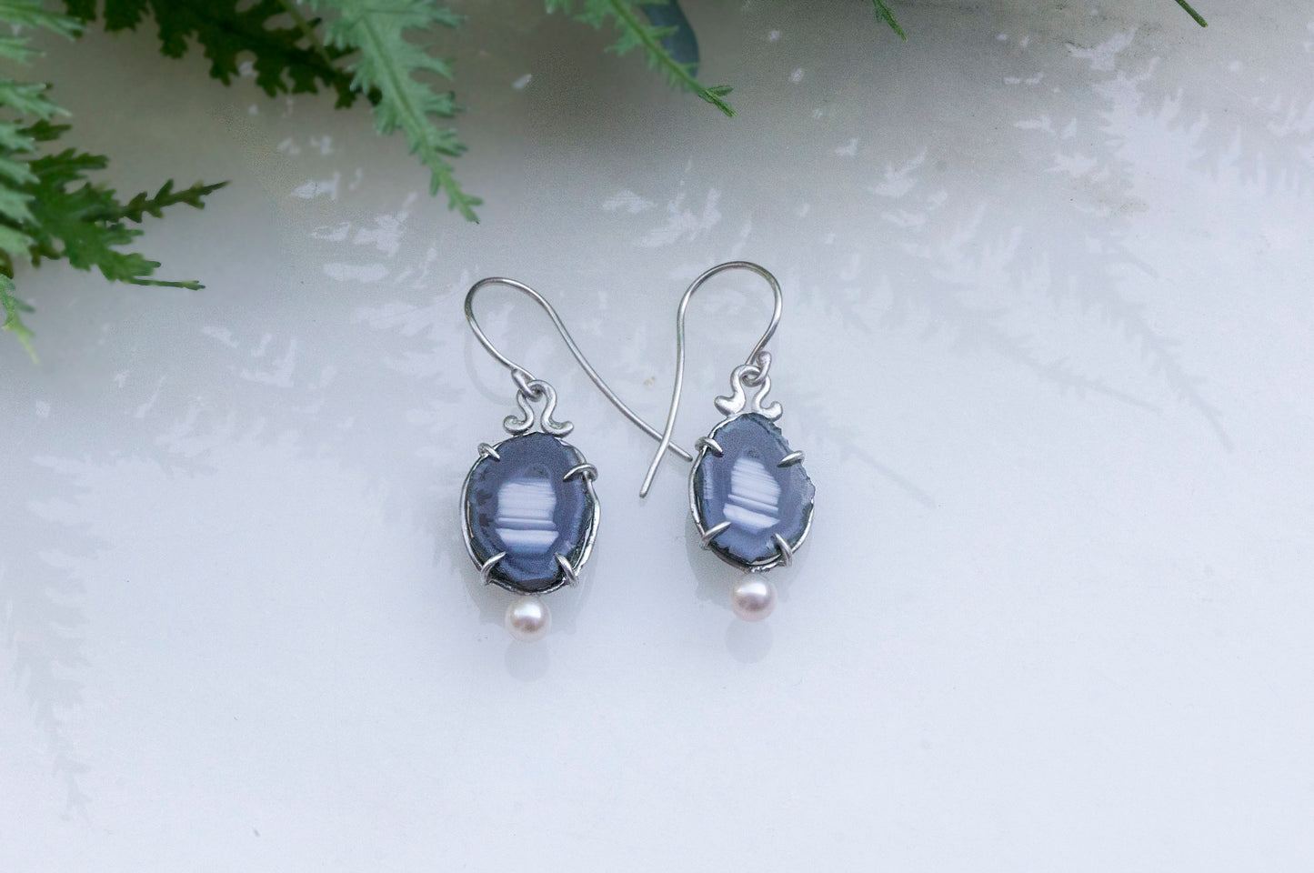 Geode and freshwater pearl earrings