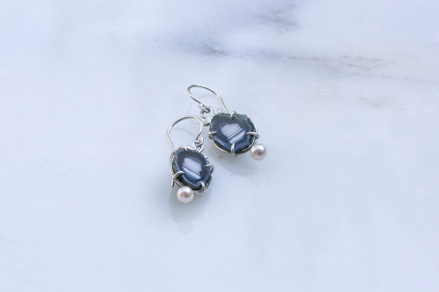Geode and freshwater pearl earrings