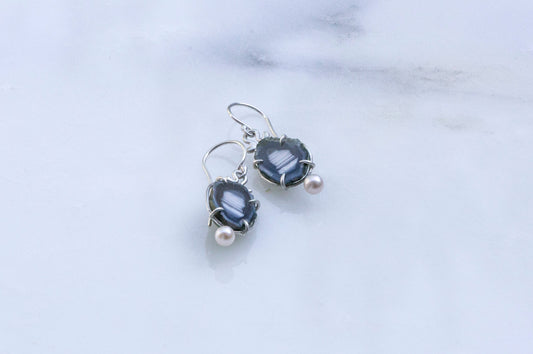 Geode and freshwater pearl earrings