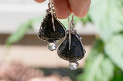 Geode and aquamarine bell flower dangle earrings