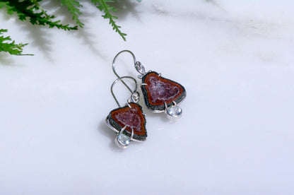 Geode and aquamarine bell flower dangle earrings