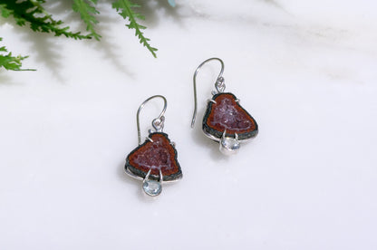 Geode and aquamarine bell flower dangle earrings