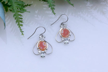 Carnelian and aquamarine bell flower dangle earrings