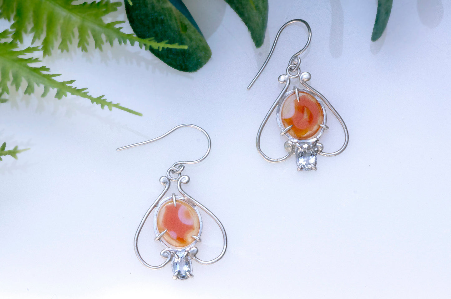 Carnelian and aquamarine bell flower dangle earrings