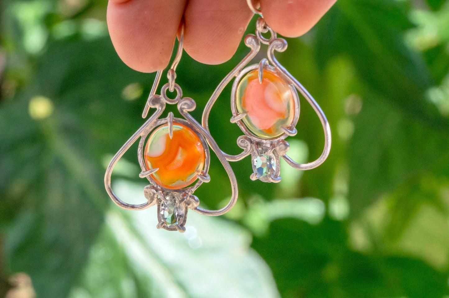 Carnelian and aquamarine bell flower dangle earrings