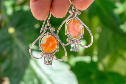 Carnelian and aquamarine bell flower dangle earrings