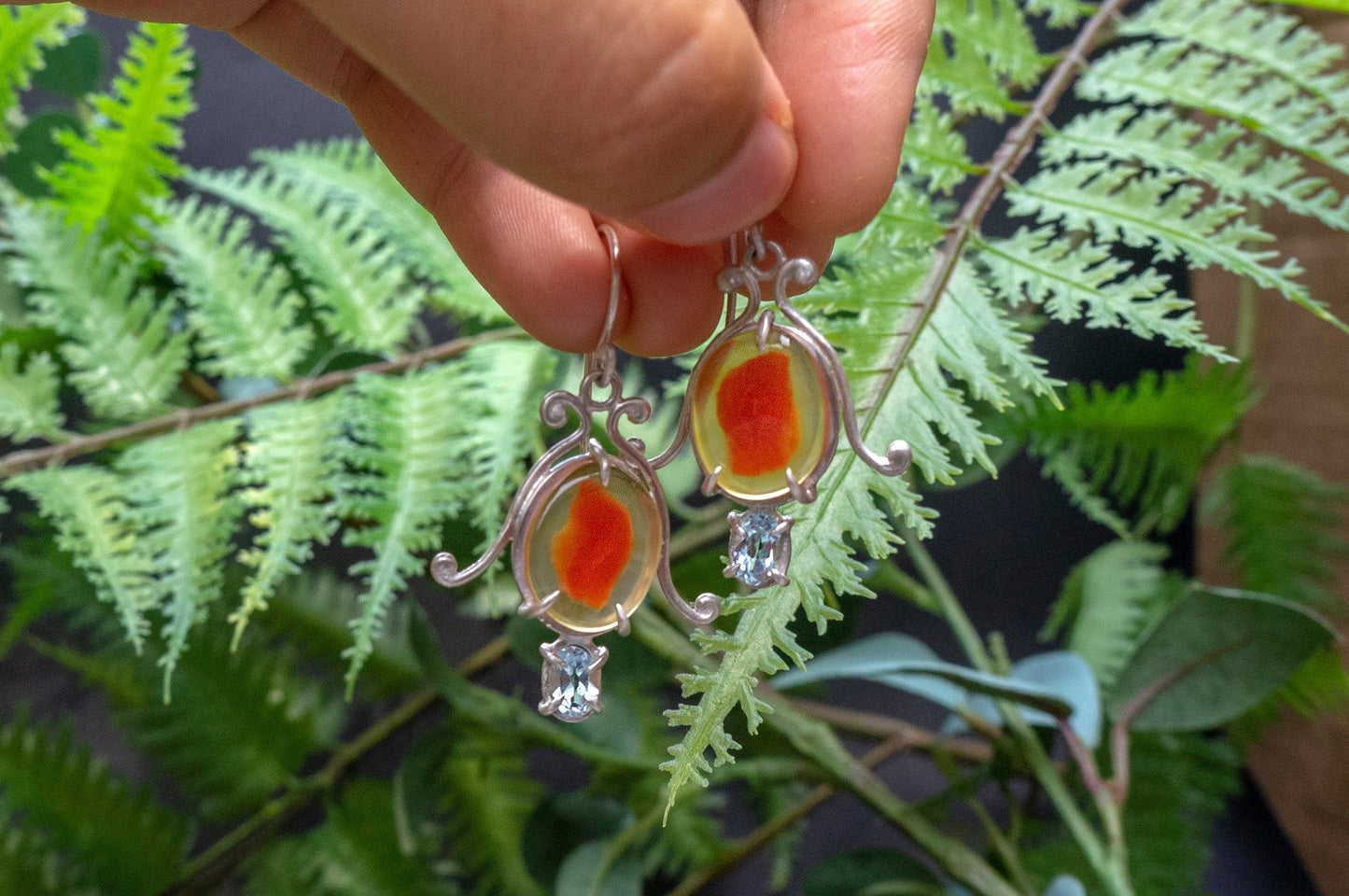 Carnelian and aquamarine bell flower dangle earrings