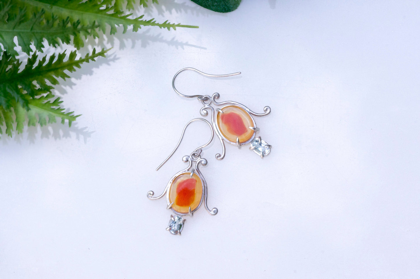 Carnelian and aquamarine bell flower dangle earrings