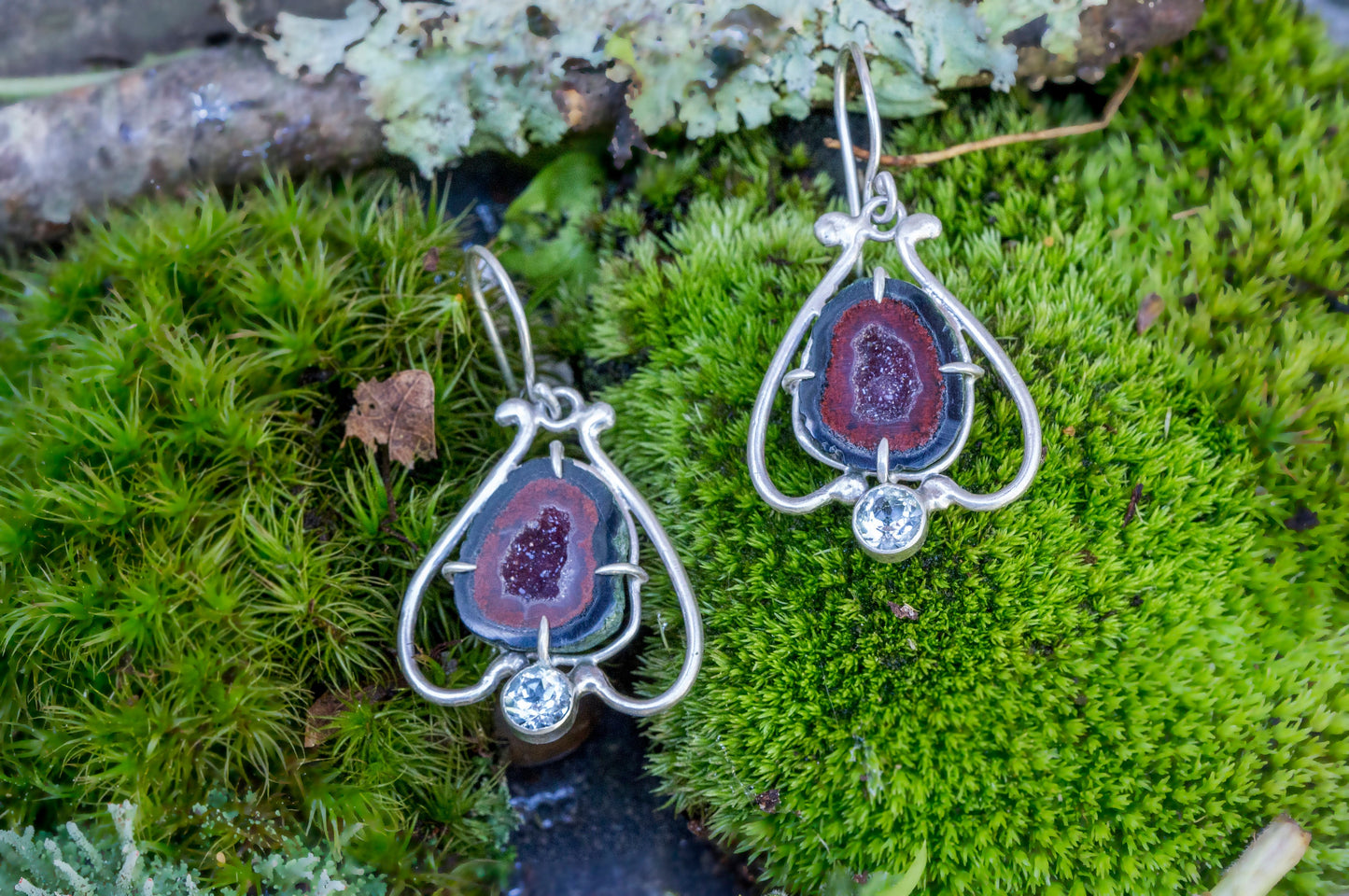 Geode and aquamarine bell flower dangle earrings