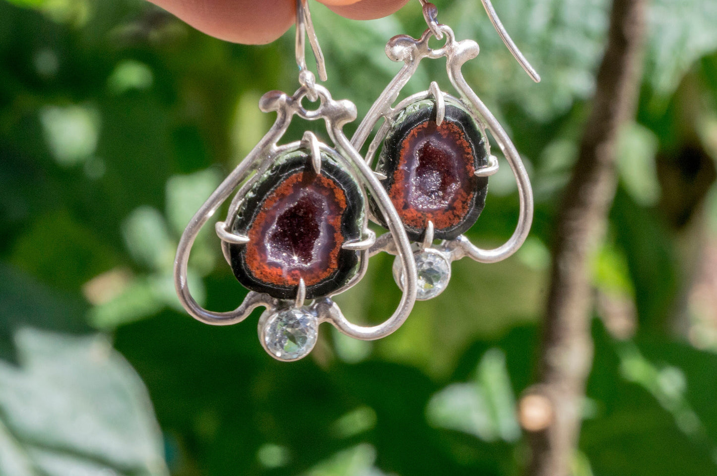 Geode and aquamarine bell flower dangle earrings