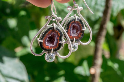 Geode and aquamarine bell flower dangle earrings
