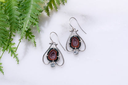 Geode and aquamarine bell flower dangle earrings