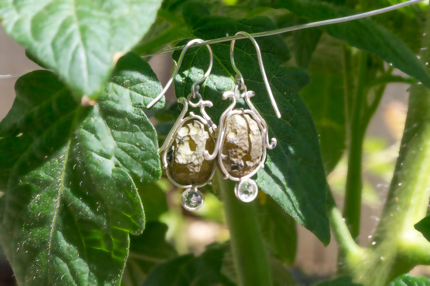 Geode and aquamarine bell flower dangle earrings