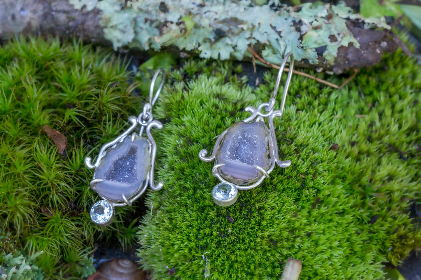 Geode and aquamarine bell flower dangle earrings
