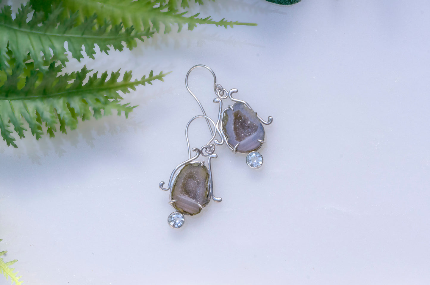 Geode and aquamarine bell flower dangle earrings