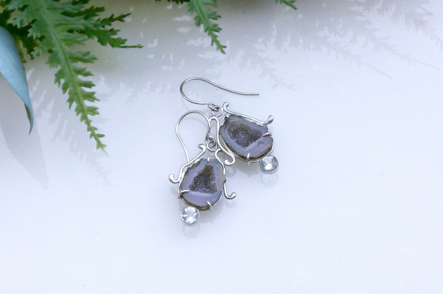 Geode and aquamarine bell flower dangle earrings